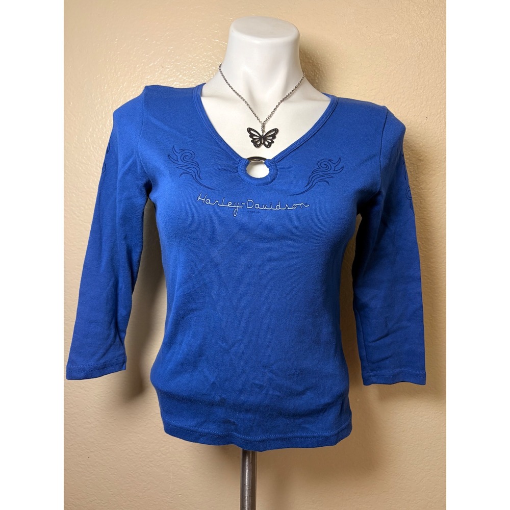 Y2K Vintage Harley Davidson Blue O-Ring Keyhole Top Long Sleeve #7